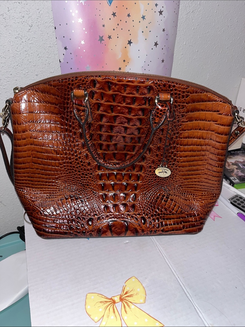 Brown Croc-Embossed Leather Satchel Bag